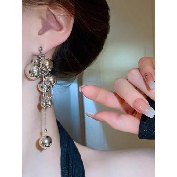 Silver Tone Statement Drop Earrings – Multi Ball Chain Dangle Earrings - Picture 4 of 5